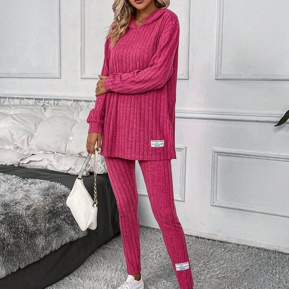 . Tops - Hot Pink Casual Womens Drop Shoulder Split Hem Hoodie & Leggings